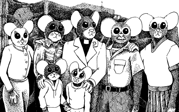 Mice minus Furry stand in front of rubble